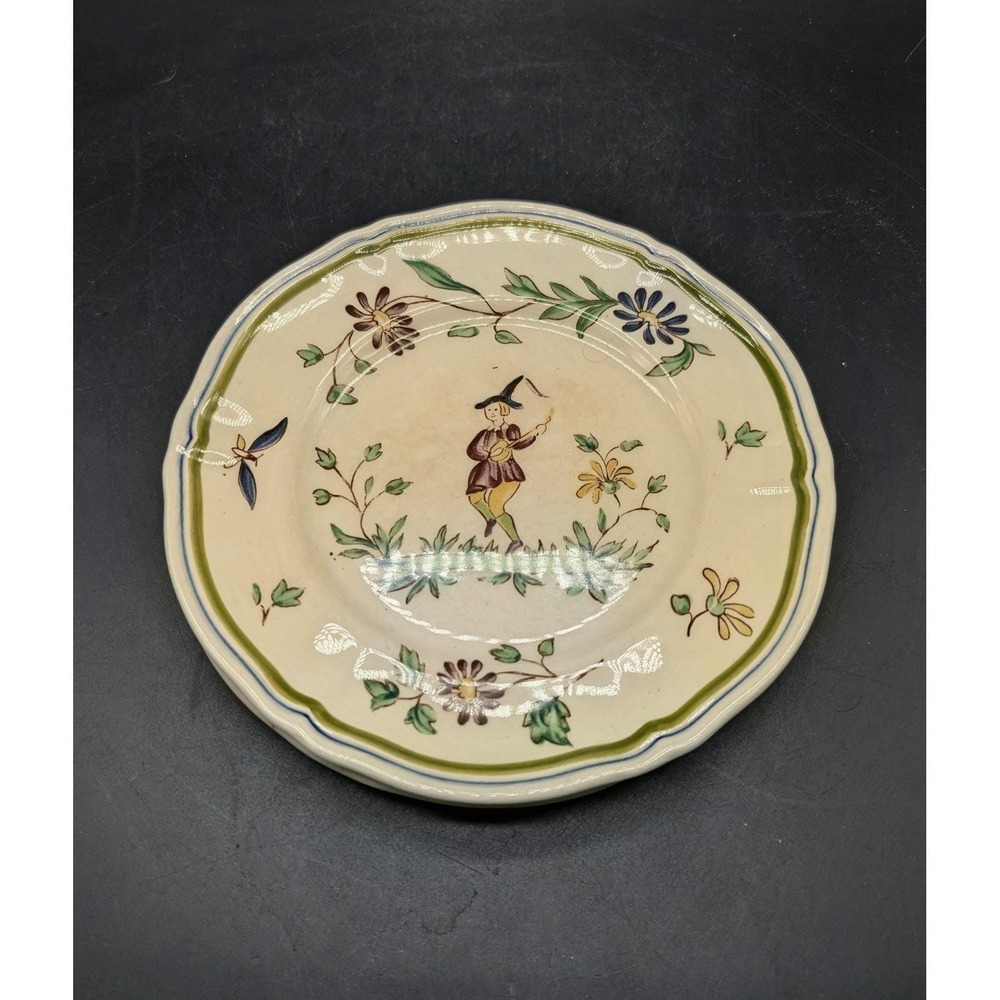 Set/2 Vintage Longchamp Moustiers  French Faience Breton Man Lute Plate 6.25"